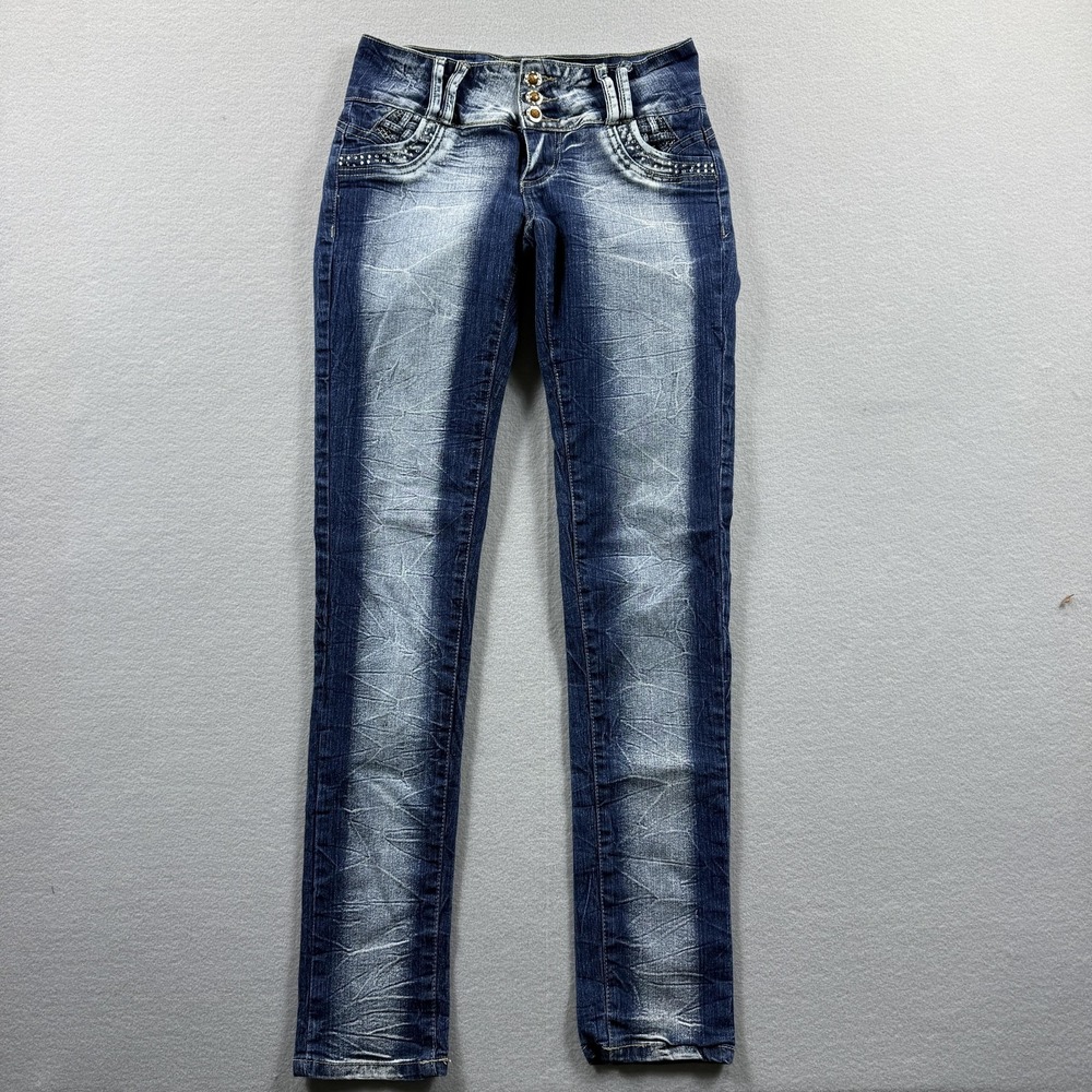 GOGO STAR Jeans Womens 3 Blue Stone Wash Skinny Stretch Denim Rhinestone 27x30